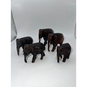Lot of Dark Wood Hand Carved Elephant Family W Tusks Unmarked - One Missing Tusk